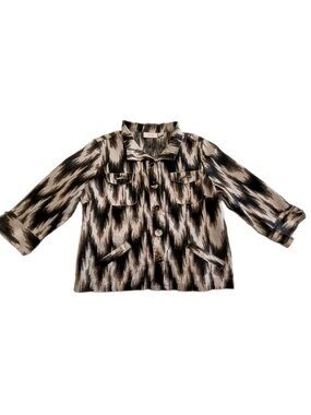 Chicos 100 % Linen Ikat Print Shirt Jacket Brown Black Cream Women's Size 1 M